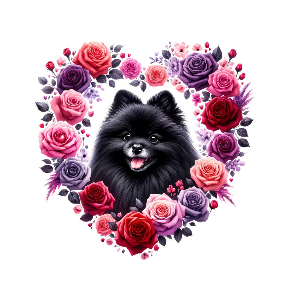black pomeranian, floral heart, roses, pink roses, purple roses, red roses, coral pink, dusty rose, magenta, deep purple, dark purple, black dog, cute puppy, dog lover, animal theme, nature theme, whimsical style, elegant style, romantic theme, love theme, valentine's day, spring flowers, garden flowers, decorative panel, home decor, pet lover fabric, dog breed, fluffy dog, heart shaped arrangement, botanical