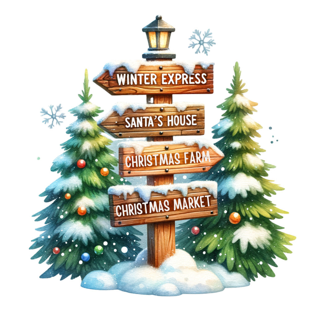 christmas signpost, winter scene, snow covered trees, evergreen trees, wooden directional signs, lantern post, snowflakes, fabric panel, quilting cotton, holiday themed, winter express, santa's house, christmas farm, christmas market, green pine trees, orange ornaments, snowy landscape, festive winter, christmas destinations, holiday fabric