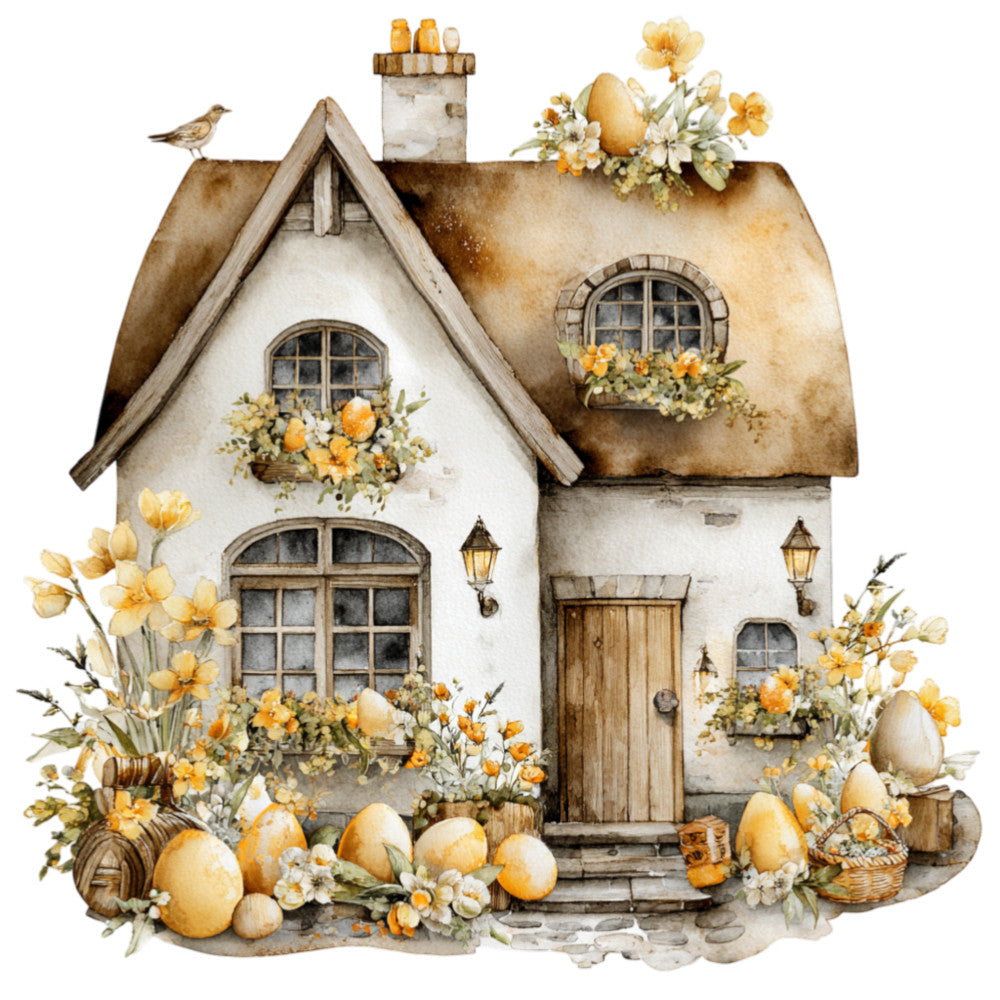 cream cottage, yellow flowers, easter eggs, spring, farmhouse, vintage, whimsical, rustic, cottage core, daffodils, bird, thatched roof, cream white, golden yellow, butter yellow, soft yellow, nature, pastoral, countryside, traditional, easter, spring flowers, decorative panel, wall hanging, easter theme, small birds, floral, botanical, charming, quaint
