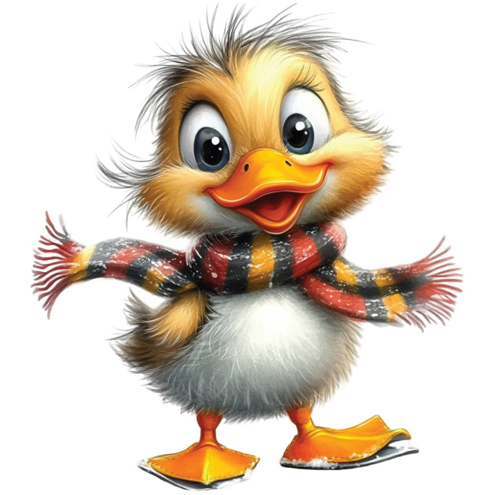 whimsical duck, baby duckling, orange beak, fluffy feathers, yellow plumage, white chest, striped scarf, red stripes, black stripes, orange webbed feet, large eyes, cute character, winter scarf, fabric panel, quilting cotton, adorable animal, playful design, cheerful mood, nursery theme, children's fabric