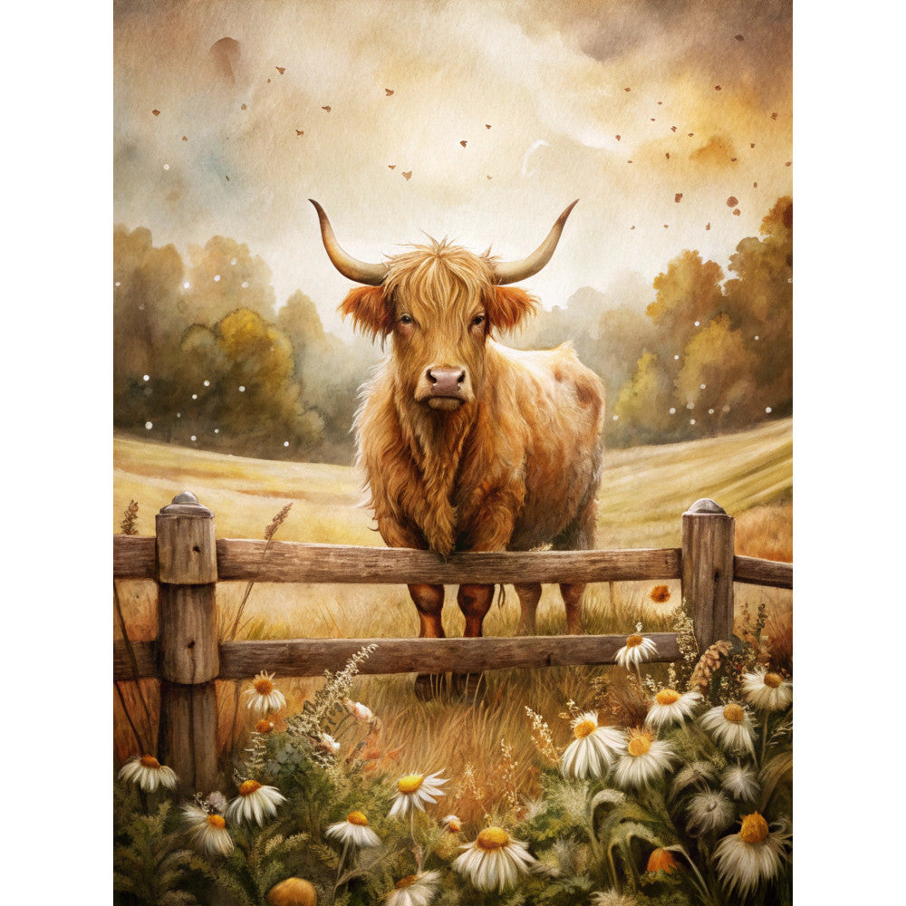 highland cow, rustic fence, golden brown, cream, amber, watercolor style, pastoral scene, countryside, rolling hills, white daisies, wildflowers, fabric panel, quilting cotton, farm animals, scottish cattle, shaggy fur, horned cow, rural landscape, autumn tones, peaceful meadow