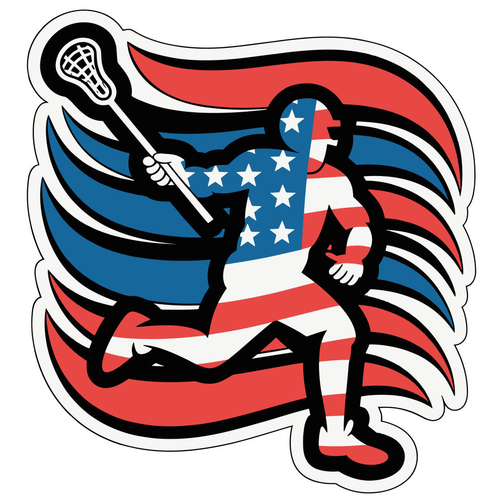 patriotic, american flag, lacrosse player, sports, red white and blue, navy blue, white, red, stars and stripes, athletic, youth sports, team spirit, americana, action pose, dynamic, modern, bold, graphic, kids, children, boys, girls, summer, casual wear, wall hanging, sports themed, lacrosse stick, energetic, vibrant