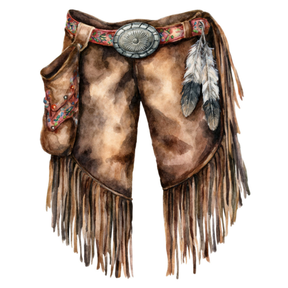 western, native american, fringe, leather, suede, brown, tan, cream, rust red, feathers, belt buckle, southwest, boho, bohemian, rustic, traditional, ethnic, indigenous, tribal, decorative arts, apparel fabric, costume, horse tack, vintage western, folk art, cultural textile, earthtone, natural fiber look, ornamental, detailed illustration