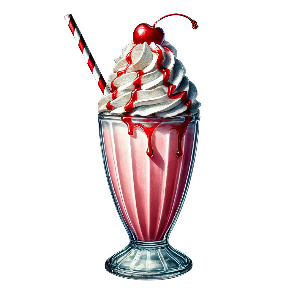 cherry red, cream white, whipped cream, ice cream, dessert, milkshake, cherry, candy, sweet treats, food, vintage diner, retro, nostalgic, whimsical, classic americana, red and white, striped straw, sundae, indulgent, fun, playful, summery, elegant, decorative, novelty, kitchen, home decor, craft projects