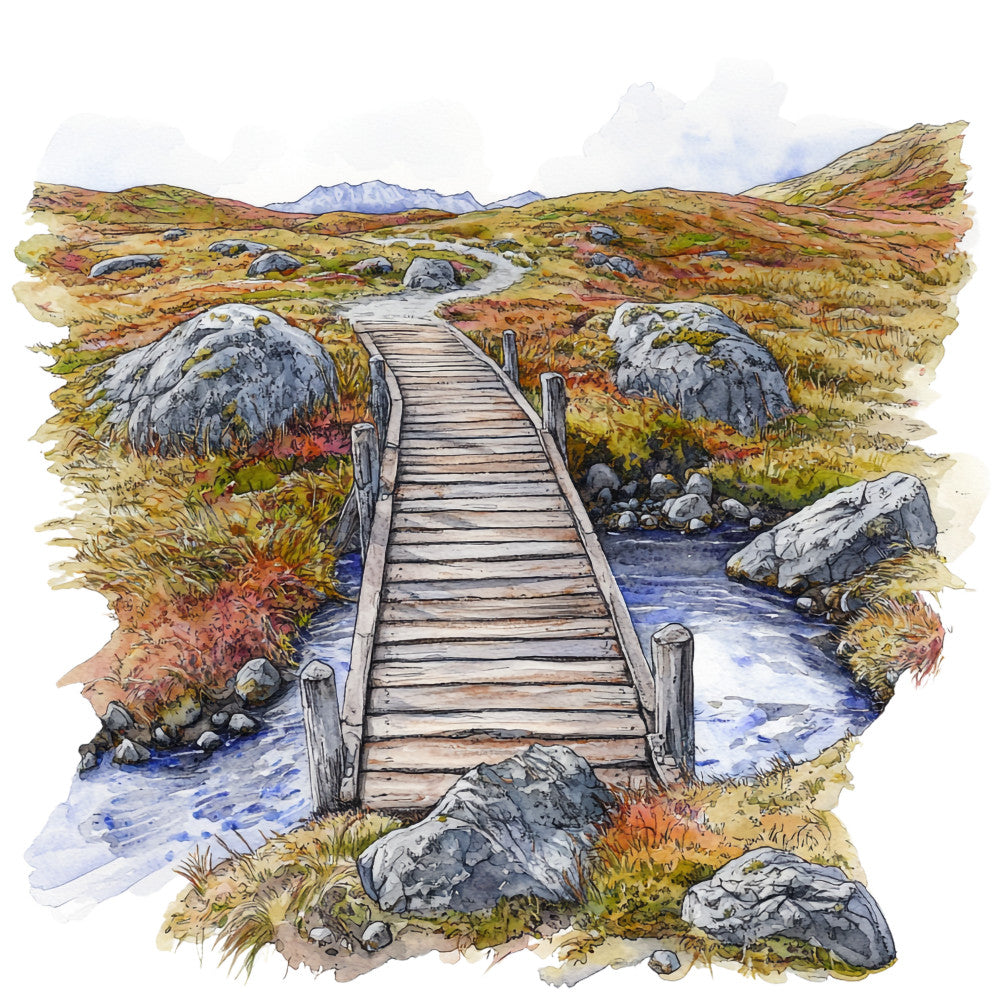 watercolor illustration, wooden boardwalk, mountain landscape, autumn colors, rocky terrain, flowing stream, hiking trail, wilderness scene, nature artwork, rustic bridge, golden yellows, burnt orange, sage green, slate gray, outdoor adventure, scenic vista, fabric panel, quilting cotton, nordic landscape, tundra vegetation