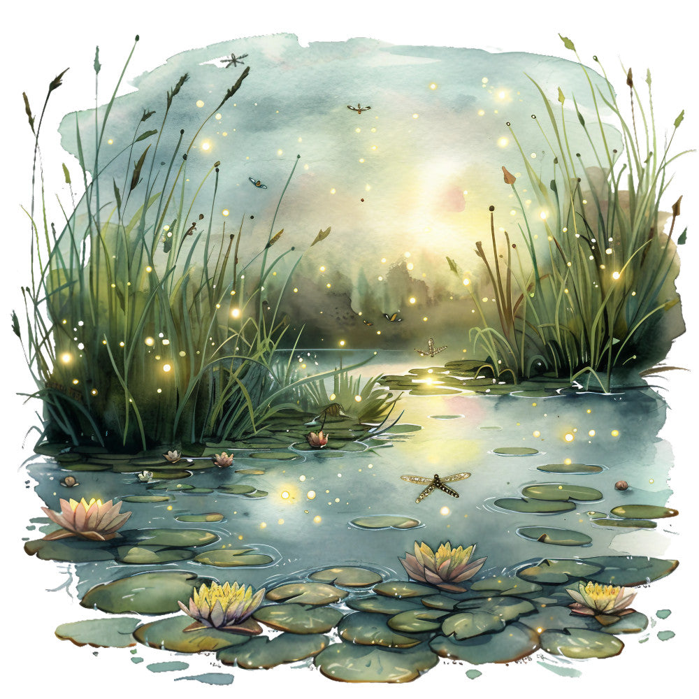 watercolor painting, summer pond, lily pads, water lilies, tall grasses, dragonflies, fireflies, glowing lights, aquatic scene, sage green, soft yellow, peachy pink, blue water, nature illustration, serene landscape, wetland scenery, fabric panel, quilting cotton, botanical design, tranquil mood