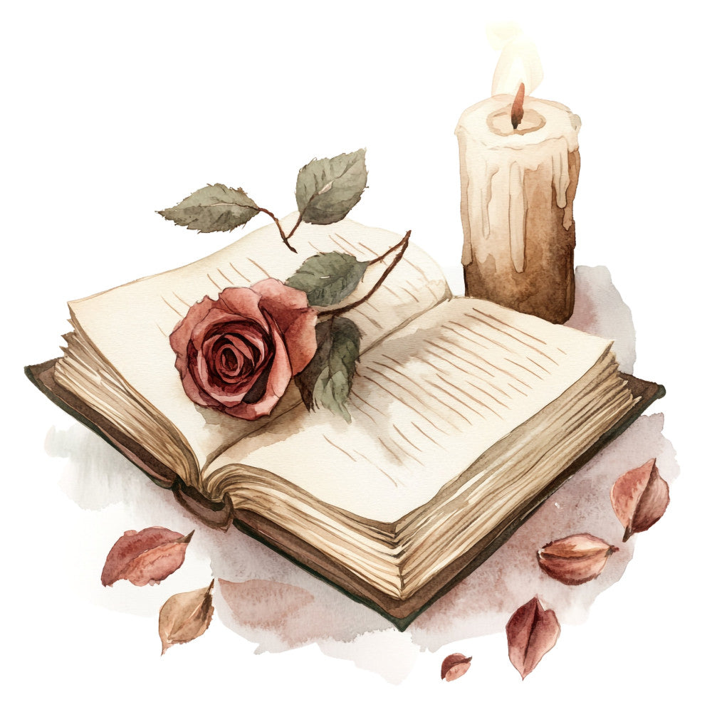 dusty rose, cream, sage green, brown, vintage, romantic, floral, roses, candle, book, literary, antique, elegant, rustic, autumn, fall, nature, botanical, cottage core, witchy, goblincore, gothic, romantic gothic, nostalgic, classic, traditional, dried flowers, leaves, moody, literary aesthetic