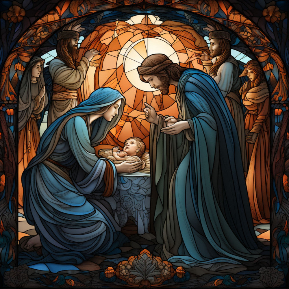 nativity scene, stained glass, fabric panel, jesus birth, mary, joseph, baby jesus, angels, biblical scene, orange glow, blue robes, amber light, religious imagery, christmas theme, holy family, manger scene, flowing robes, divine light, sacred art, quilting panel