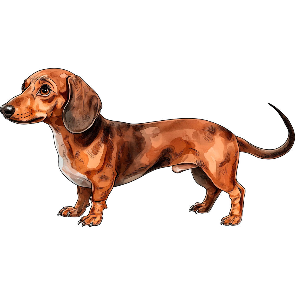 dachshund, dog, rust brown, reddish brown, tan, chocolate brown, animals, pet, puppy, dog lover, whimsical, illustration, detailed, realistic, animal portrait, cute, adorable, home decor, novelty, dog breed, sausage dog, long dog, short legged, tail, floppy ears, quirky, fun, casual style