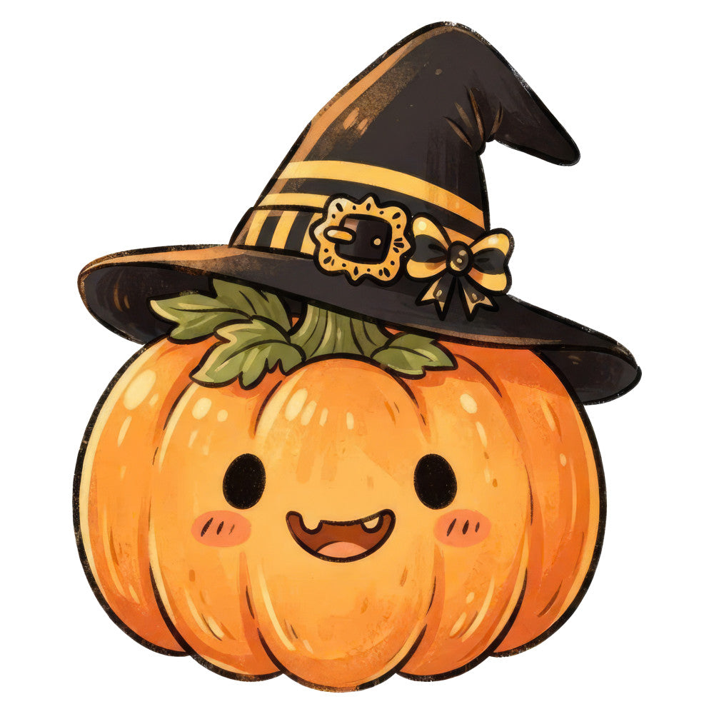 cute pumpkin, witch hat, halloween, autumn, fall, orange, black, gold, yellow, whimsical, kawaii, smiling face, jack-o-lantern, holiday, seasonal, festive, children's, kid-friendly, harvest, decoration, cheerful, charming, trick-or-treat, spooky-but-sweet, bow detail, leaf motif, bronze accents, warm tones, playful design, textile art