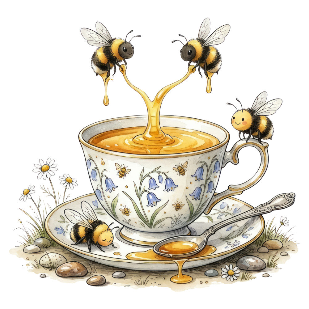 honey bee, bees, teacup, tea time, honey, gold, golden yellow, cream, white, blue, cornflower blue, daisy, daisies, floral, whimsical, cute, insects, nature, garden, spring, summer, vintage, illustrated, storybook, children's, playful, decorative, charming, sweet, pastoral