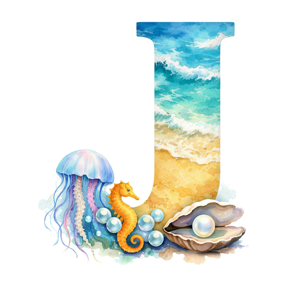 ocean beach, turquoise, sandy beige, sky blue, coral orange, seafoods, jellyfish, seahorse, pearl shell, waves, coastal, nautical, marine life, underwater, whimsical, watercolor, summer, beach scene, alphabet letter j, children's, nursery, tropical, aquatic animals, bubbles, seashell, gold yellow, cream white, nature inspired