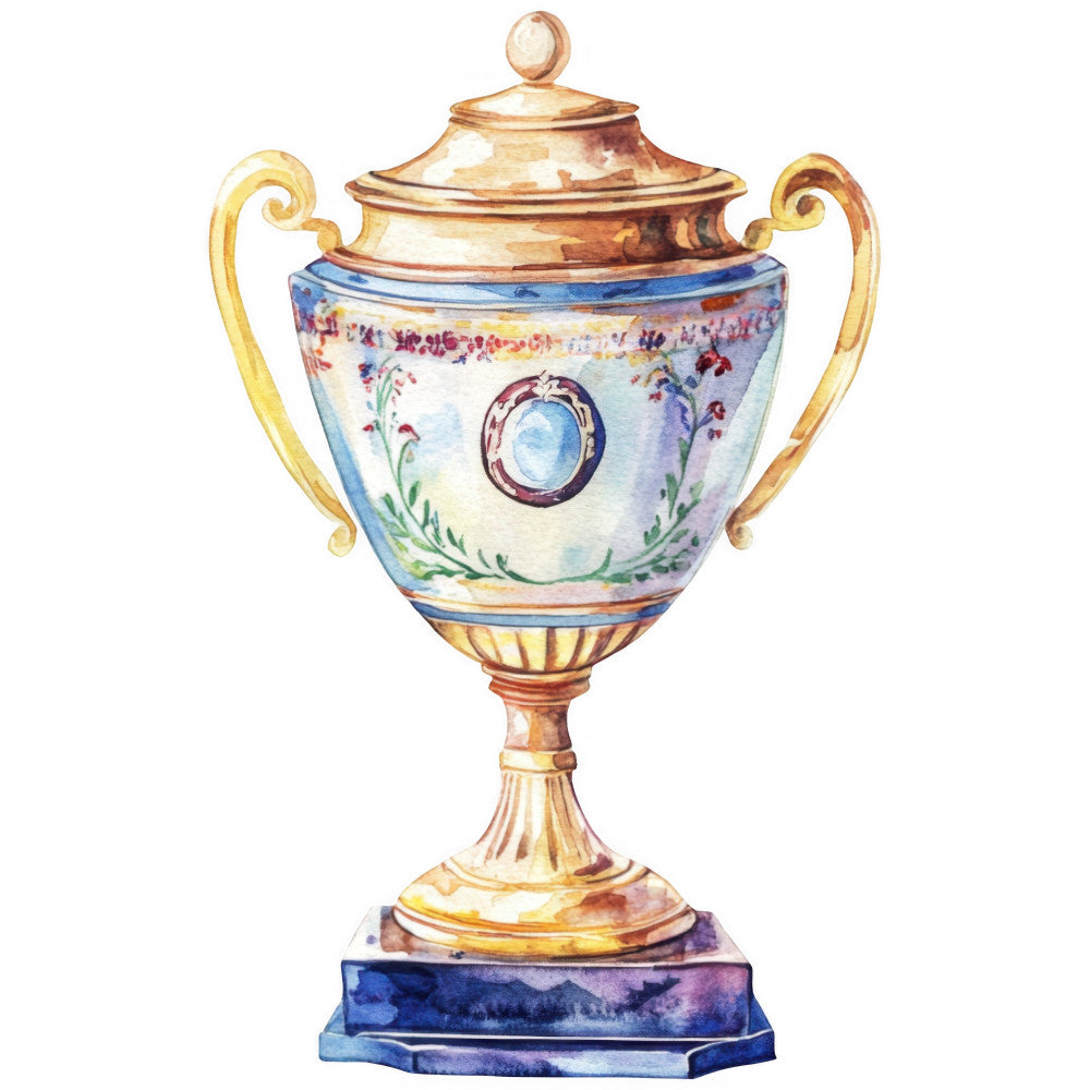gold urn, decorative urn, vintage urn, classical urn, elegant, traditional, ornamental, floral motif, blue and gold, cream white, burgundy red, flower garland, scrolled handles, pedestal base, neoclassical, timeless, ornate, sophisticated, botanical, formal, antique style, vase design, decorative arts, home decor, accent fabric, statement print, damask inspired, purple flowers, roses, scrollwork