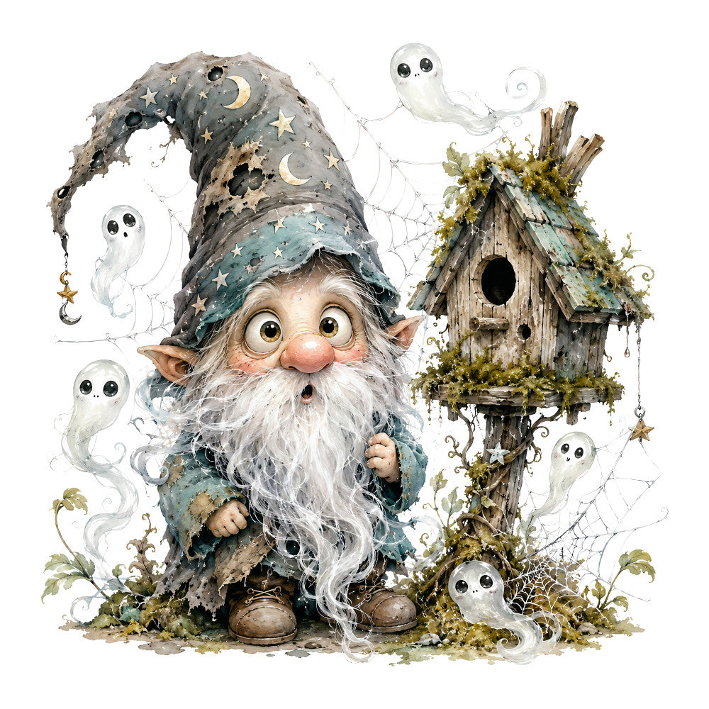 wizard gnome, halloween, autumn, celestial, stars, moon, ghosts, whimsical, rustic, vintage, nature, woodland, moss green, slate gray, cream white, spooky, magical, enchanted, birdhouse, cottage core, folk art, folksy, nature-inspired, garden, overgrown, weathered wood, mystical, fairy tale, storybook, seasonal
