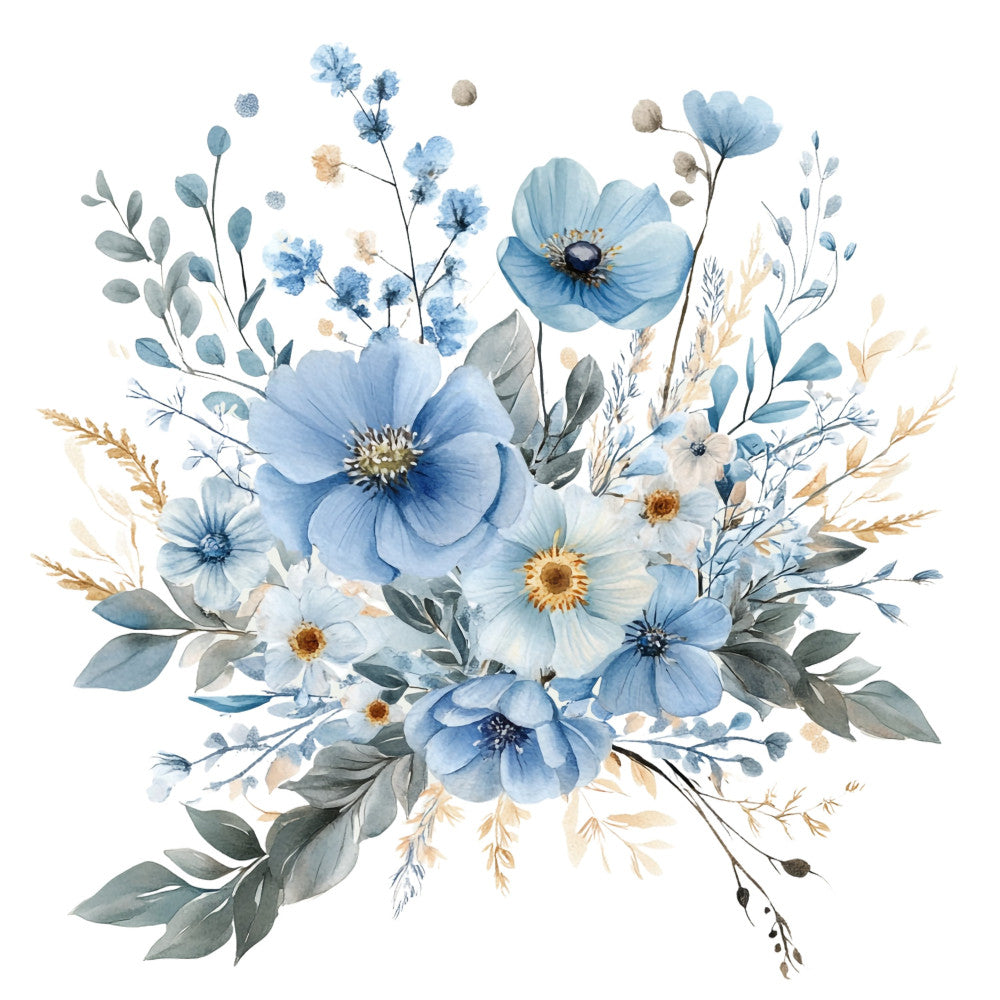 sky blue, powder blue, navy blue, cream white, soft gray, sage green, gold, watercolor floral, botanical, wildflowers, daisies, poppies, delicate flowers, anemones, eucalyptus leaves, ornamental grasses, elegant, romantic, vintage, whimsical, spring, summer, nature-inspired, garden theme, cottage core, soft and dreamy, feminine, timeless, traditional floral, botanical illustration