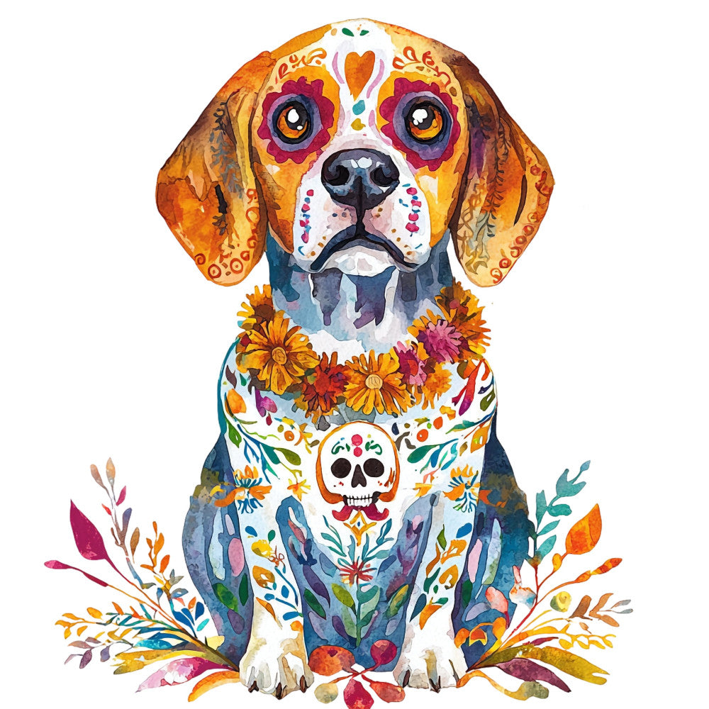 day of the dead, sugar skull, beagle, dog, mexican folk art, floral, botanical, golden yellow, orange, purple, magenta, teal blue, navy blue, white, colorful, whimsical, bohemian, artistic, decorative panel, dia de muertos, skull motifs, sunflowers, ornamental, vibrant, festive, cultural, spiritual, animal lover, pet themed, wall hanging