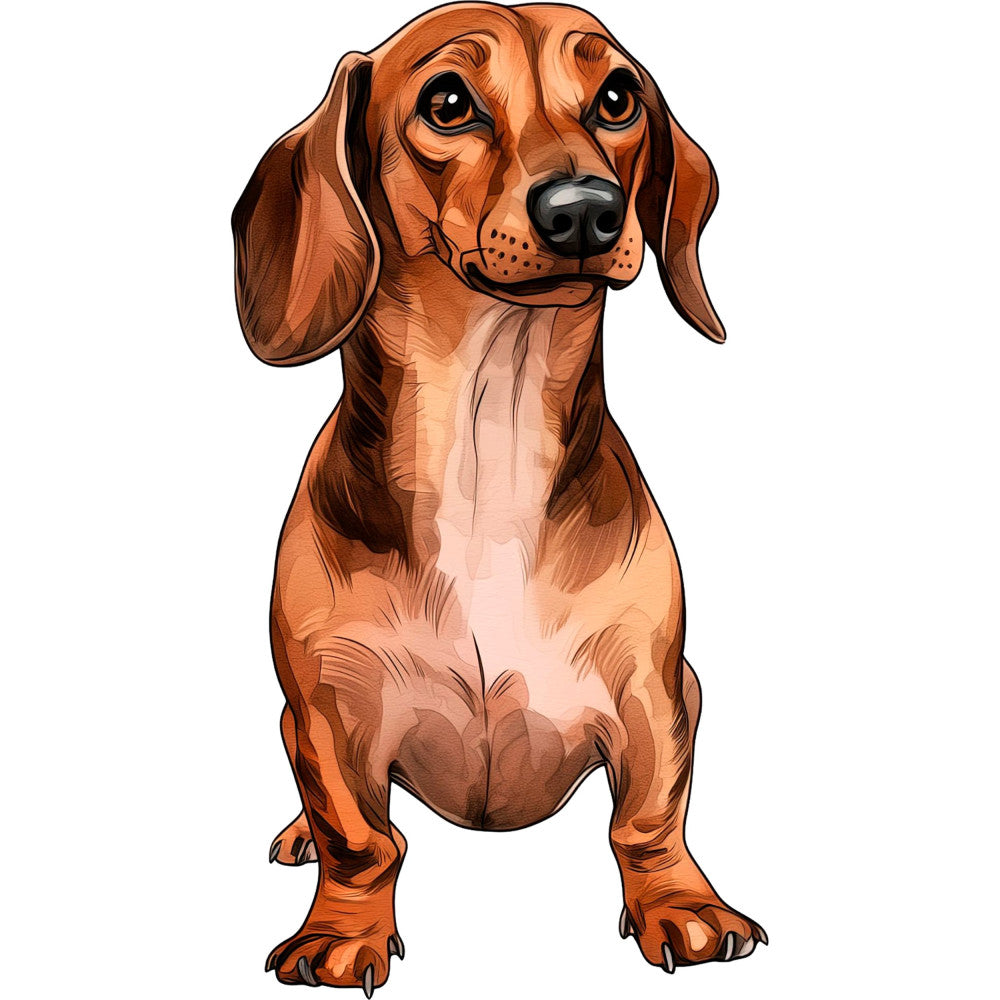 dachshund, dog, puppy, animals, pet, brown, tan, cream, rust, chocolate brown, whimsical, cute, playful, illustrated, cartoon, portrait, dog lover, pet themed, humorous, funny, wiener dog, children, kid friendly, nursery, baby, home decor, wall hanging, novelty