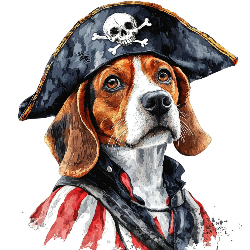 pirate dog, beagle, skull and crossbones, red and white stripes, navy blue, burnt orange, white, black, animal portrait, nautical theme, pirate costume, whimsical, playful, humorous, adventure theme, bandana, tricorn hat, dog lover, pet portrait, vintage pirate, children's theme, fun and quirky, decorative panel, wall art, novelty print, costume theme, sailor theme, treasure theme, bold colors, character design