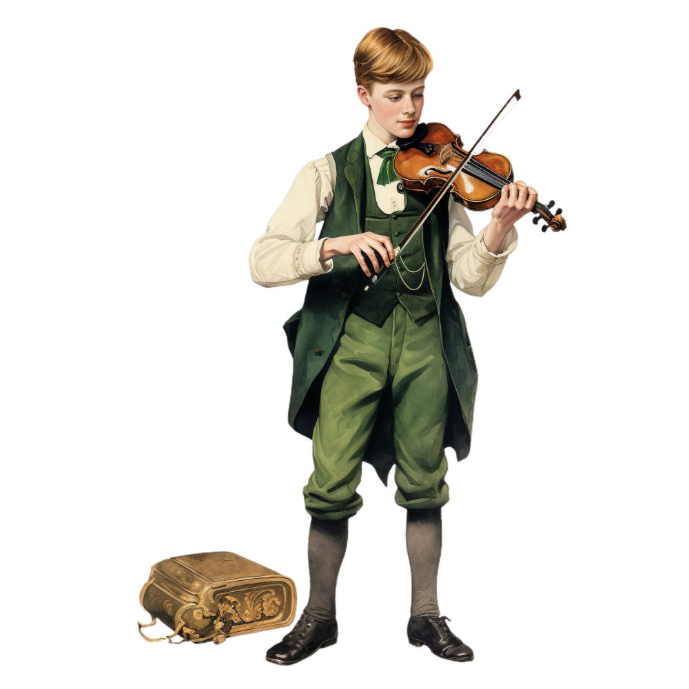 vintage boy, forest green, cream, tan, musical instrument, violin, classical music, victorian, historical, nostalgic, antique, elegant, traditional, steampunk, boy portrait, musician, green and cream, retro illustration, period costume, 19th century, gentleman, refined style, decorative arts, collectible, heritage design, timeless, sophisticated, literary