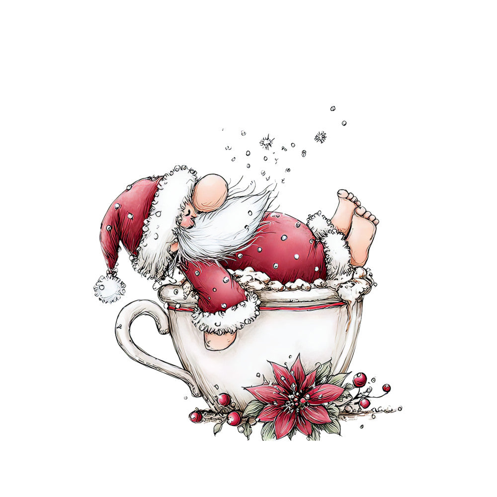 santa claus, teacup, whimsical illustration, red suit, white beard, christmas themed, poinsettia flower, cranberries, snowflakes, fabric panel, quilting cotton, holiday crafting, festive design, burgundy red, cream white, watercolor style, cozy mood, christmas character, decorative panel, seasonal fabric