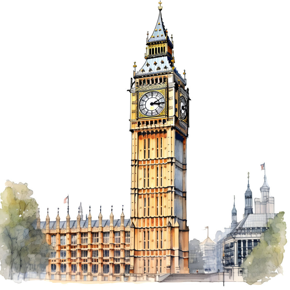 big ben, london, clock tower, architectural, vintage, travel, landmarks, british, cream, gold, tan, beige, charcoal gray, illustration, watercolor, elegant, traditional, building, cityscape, historic, heritage, european, scenic, wall hanging, home decor, neutral tones, autumn gold, england, heritage tourism