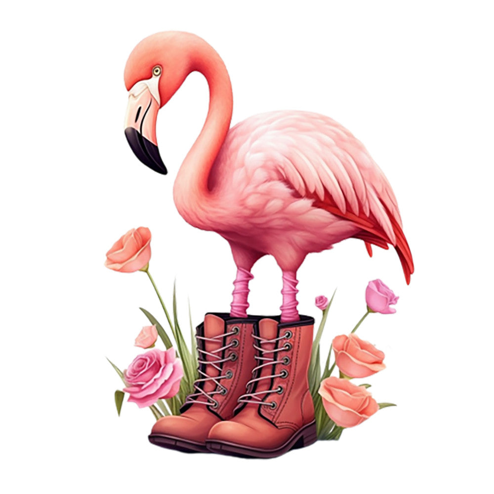 flamingo, pink bird, coral pink, salmon pink, rose pink, leather boots, brown boots, lace-up boots, tropical bird, whimsical design, roses, floral elements, green leaves, fabric panel, quilting cotton, novelty print, animal motif, playful illustration, spring theme, botanical design, realistic art style, decorative panel