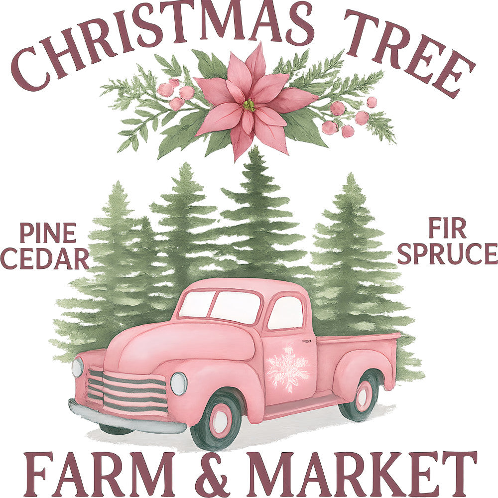 pink, green, watercolor style, christmas tree, vintage truck, poinsettia, evergreen trees, pine, cedar, fir, spruce, farm market, holiday theme, fabric panel, quilting cotton, festive design, winter scene, botanical elements, country style, seasonal motif