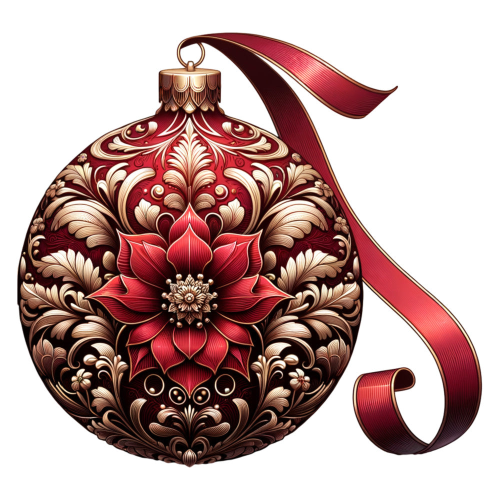 burgundy, deep red, gold, bronze, copper, ornate florals, damask pattern, scrollwork, poinsettia flower, baroque design, christmas ornament, holiday fabric, fabric panel, quilting cotton, luxurious, ornamental, festive, ribbon detail, decorative motifs, winter seasonal