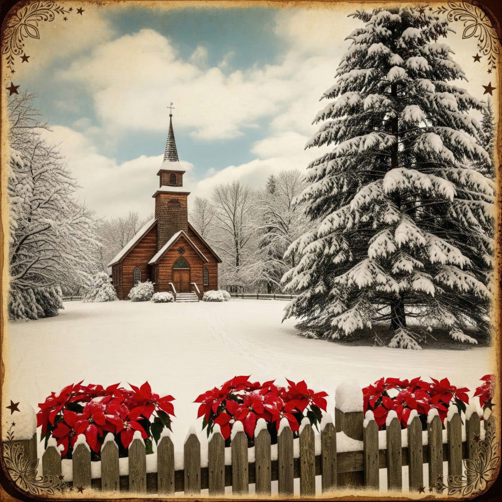 winter scene, snowy landscape, red poinsettia, cream white, forest green, deep red, vintage holiday, rustic charm, farmhouse style, christmas theme, country cottage, wooden fence, evergreen tree, snow-covered trees, church steeple, traditional holiday, nostalgic, seasonal decor, winter white, holiday botanical, festive design, country christmas, picket fence, snowy village, decorative border, elegant traditional, winter countryside, poinsettia flowers, holiday fabric panel