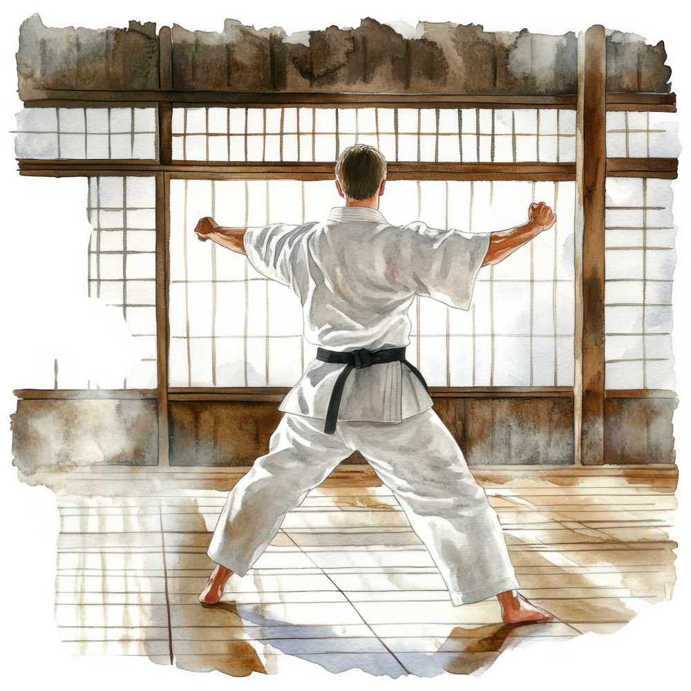 martial arts, karate, asian, dojo, sensei, sport, athlete, white gi, black belt, wooden floor, japanese, traditional, cultural, inspirational, meditation, discipline, training, watercolor, illustration, vintage, warm beige, cream, tan, brown, neutral tones, men's interest, motivational, martial arts practitioner, figural, athletic wear