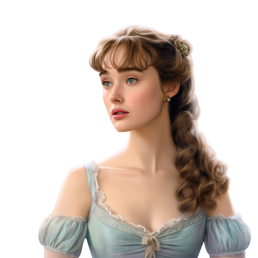 woman portrait, regency dress, period costume, light blue bodice, off-shoulder sleeves, curled hair, blonde hair, vintage hairstyle, fabric panel, quilting cotton, historical fashion, empire waist, romantic era, pastel colors, portrait panel, sewing project, crafting fabric, period drama, 19th century, feminine portrait