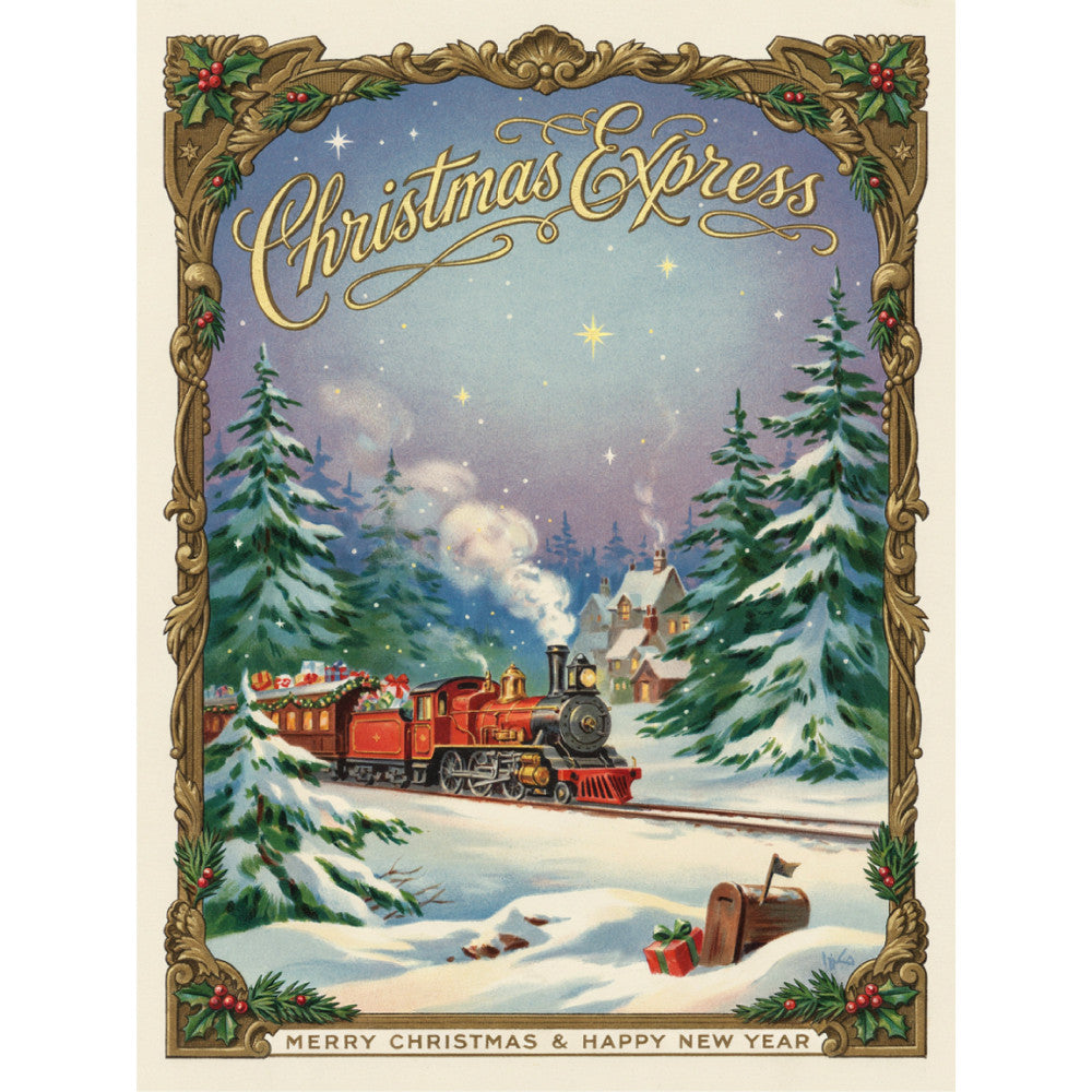 christmas express, vintage christmas, holiday train, steam locomotive, snow scene, winter landscape, forest green, deep blue, gold accents, red train, snowy trees, pine trees, festive, nostalgic, traditional christmas, magical, whimsical, elegant, ornate border, holiday decoration, merry christmas, happy new year, winter village, cabin, mailbox, gift box, starry night, vintage style, retro christmas, classic holiday