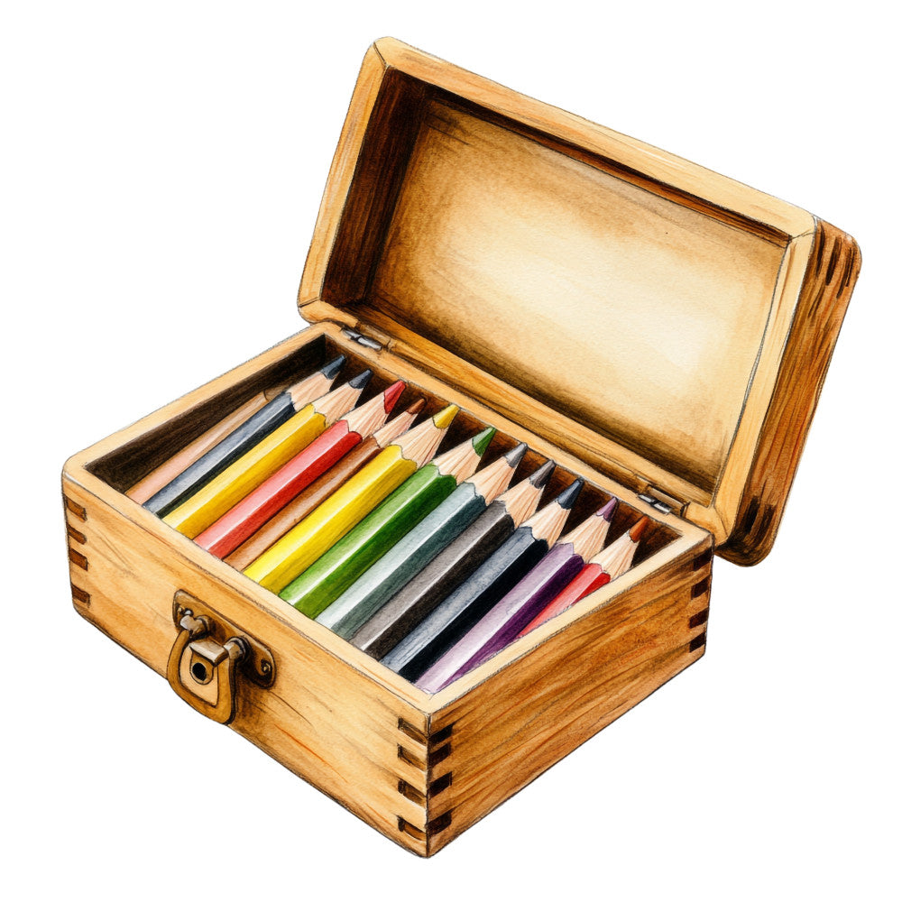 wooden box, colored pencils, art supplies, artist tools, creative materials, brown wood grain, rainbow colors, yellow pencils, red pencils, green pencils, blue pencils, purple pencils, vintage box, brass latch, quilting panel, cotton fabric, craft theme, studio supplies, drawing tools, artistic motif