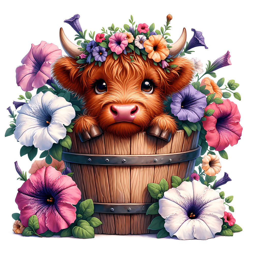 Cute Highland Cows in Buckets Fabric Panel 2 featuring an adorable calf in a wooden bucket surrounded by colorful flowers.