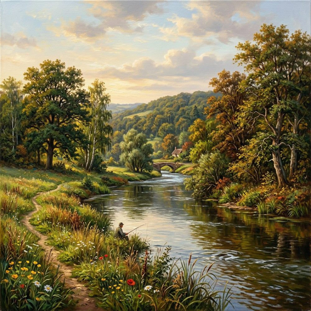 countryside landscape, scenic river, pastoral scene, fishing, rolling hills, forest green, golden yellow, cream, sage green, tan brown, nature, landscape, peaceful, tranquil, rustic, traditional, vintage, farmhouse, english countryside, river scene, stone bridge, wildflowers, trees, foliage, autumn tones, summer landscape, scenic panel, nature lovers, outdoor themed
