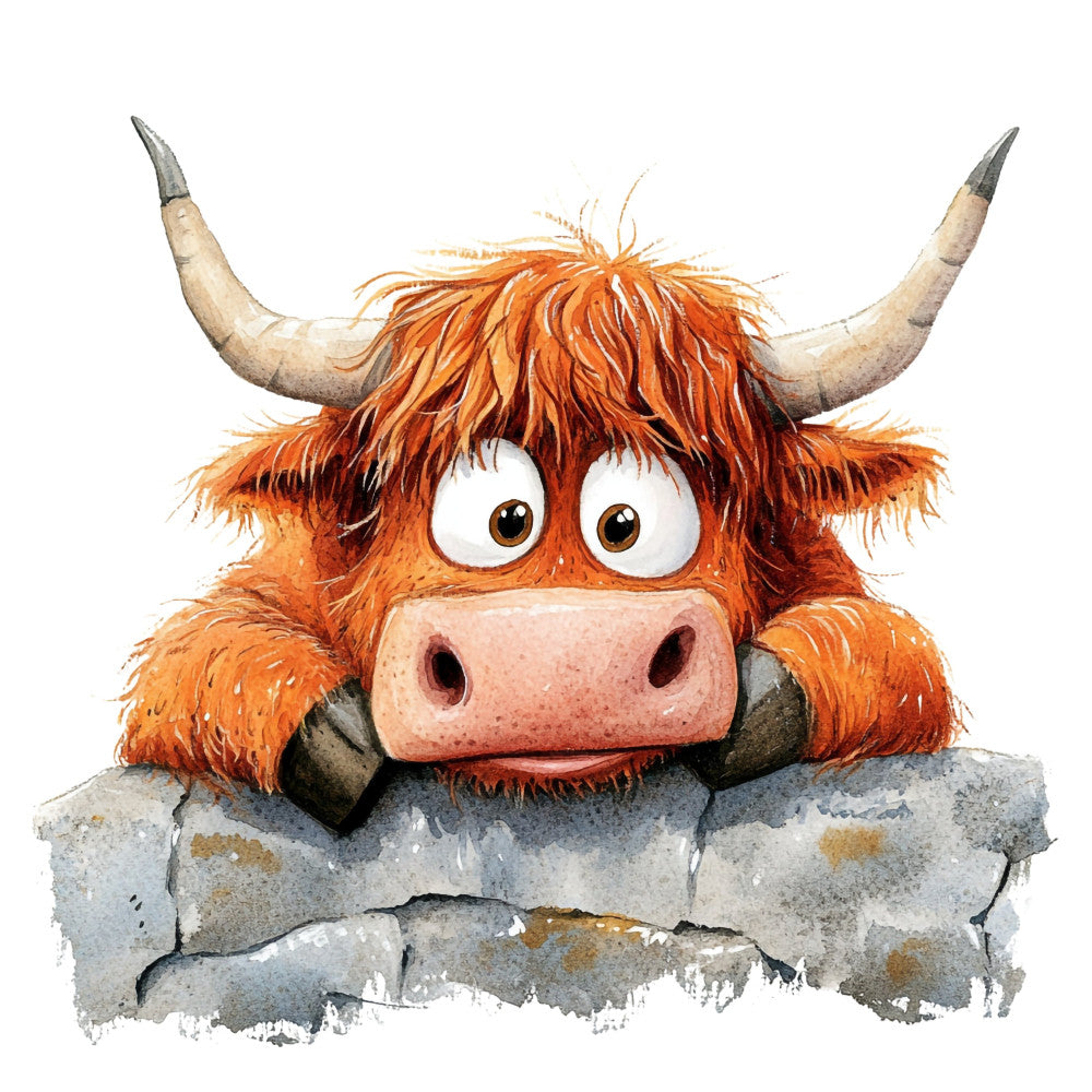 orange, rust, cream, tan, gray, warm tones, animals, cattle, highland cattle, scottish, whimsical, cute, adorable, humorous, charming, childlike, playful, farm animals, rustic, country, folk art, watercolor style, illustrated, character design, kids, children, novelty, fun, expressive eyes, horns