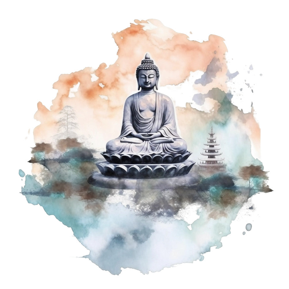 watercolor, buddha, meditation, lotus base, pagoda, peach, coral, teal, aqua, gray, serene, spiritual, zen, asian inspired, sitting pose, fabric panel, quilting cotton, peaceful, tranquil, watercolor wash, religious figure, buddhist art, soft colors, dreamy background