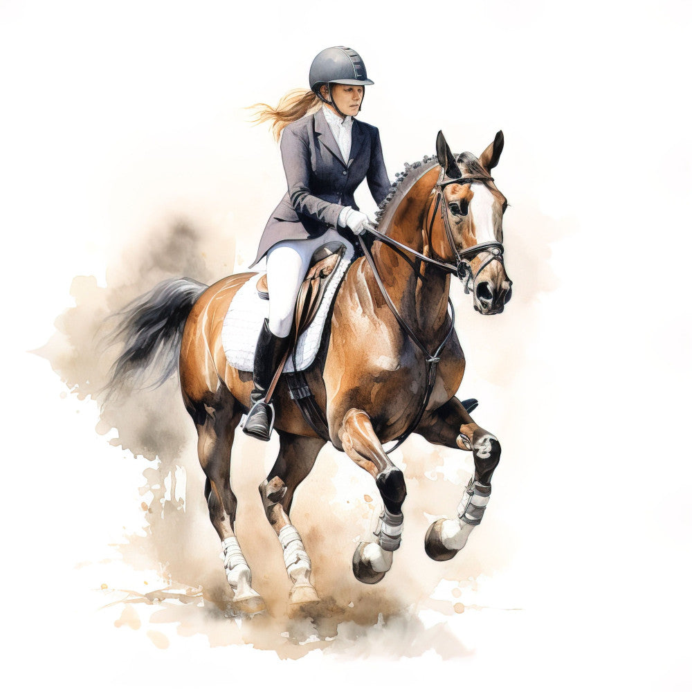 equestrian, horse riding, english riding, sport horse, dressage, hunter jumper, brown horse, chestnut horse, bay horse, navy blue, cream, white, beige, tan, gold, equine, horsewoman, rider, jumping, outdoor sports, elegant, traditional, refined, sophisticated, athletic, competition, equestrian sport, horse and rider, realistic illustration, watercolor style