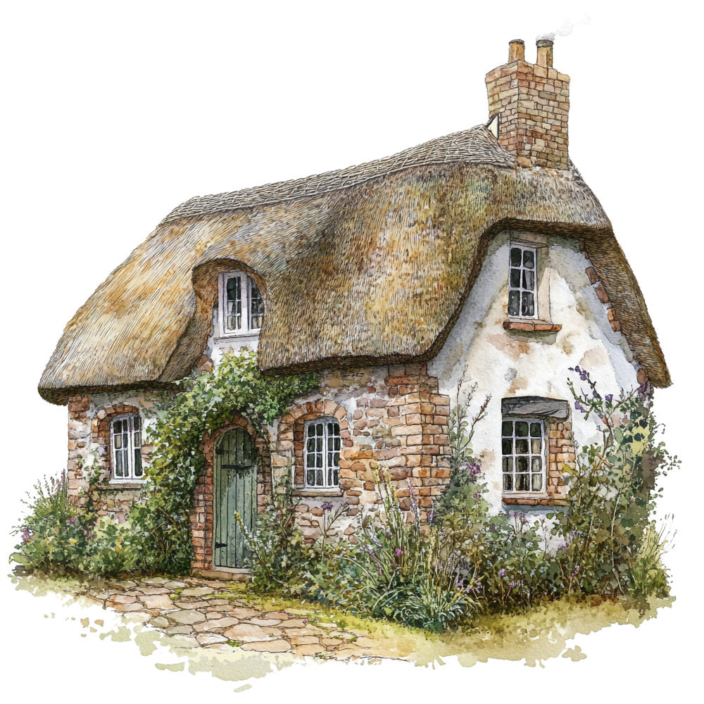 thatched roof cottage, english countryside, watercolor illustration, stone chimney, ivy covered walls, cottage garden, pastoral scene, fabric panel, quilting cotton, sage green, warm browns, cream whites, rustic brick, diamond pane windows, country home, botanical elements, vintage charm, peaceful rural setting