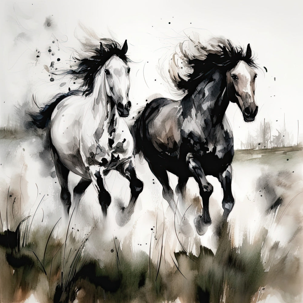 black horses, white horses, horse art, equestrian, watercolor horses, ink wash, charcoal drawing, monochromatic, black and white, grayscale, two horses, running horses, galloping, wild horses, pastoral, countryside, field, nature, animals, artistic, modern art style, contemporary, sketch style, ink splatter, splatter art, expressive, dynamic movement, elegant, sophisticated, rustic
