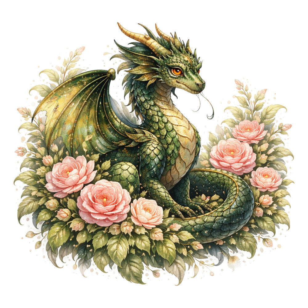 dragon, fantasy, mythical creature, green, gold, sage green, forest green, cream, dusty rose, coral pink, peach, floral, roses, peonies, nature, whimsical, elegant, botanical, leaves, foliage, ornate, detailed illustration, decorative, romantic, garden, spring, summer, wall hanging, art print, fantasy animal