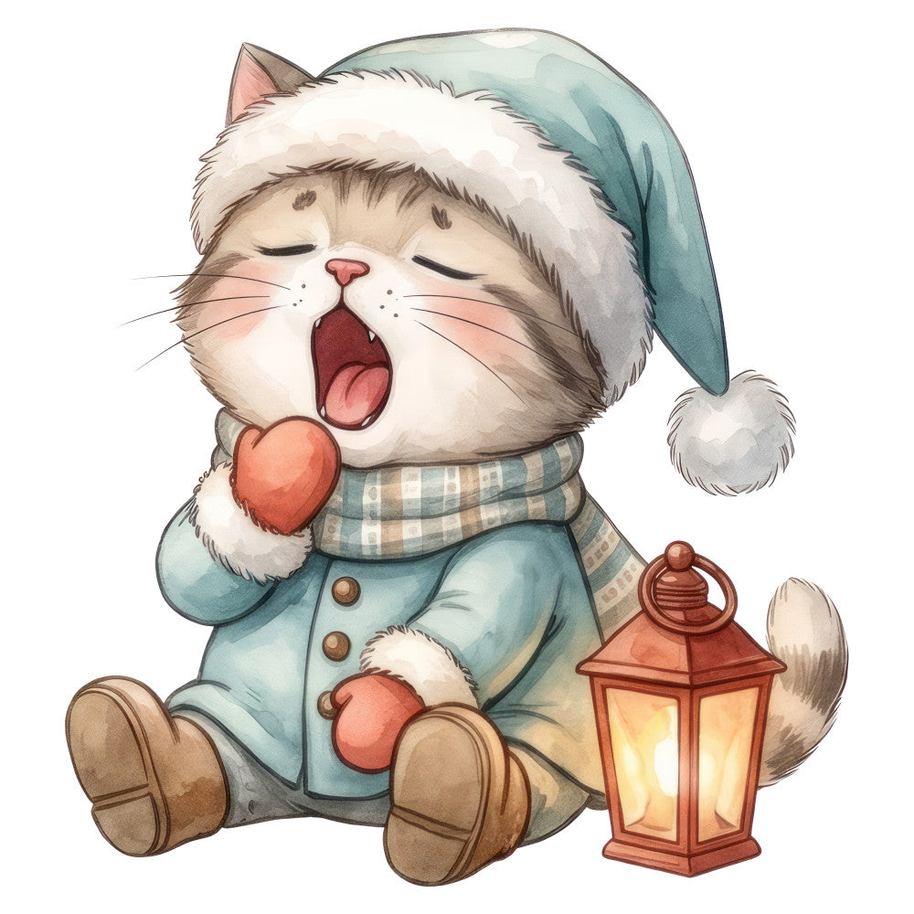 cat, winter, christmas, holiday, snow, festive, cute, whimsical, animals, seasonal, light blue, sage green, cream, coral, red, plaid, checkered, striped, lantern, cozy, warmth, cheerful, children's, baby, yawning, sleeping cat, snowy, december, gift, decorative