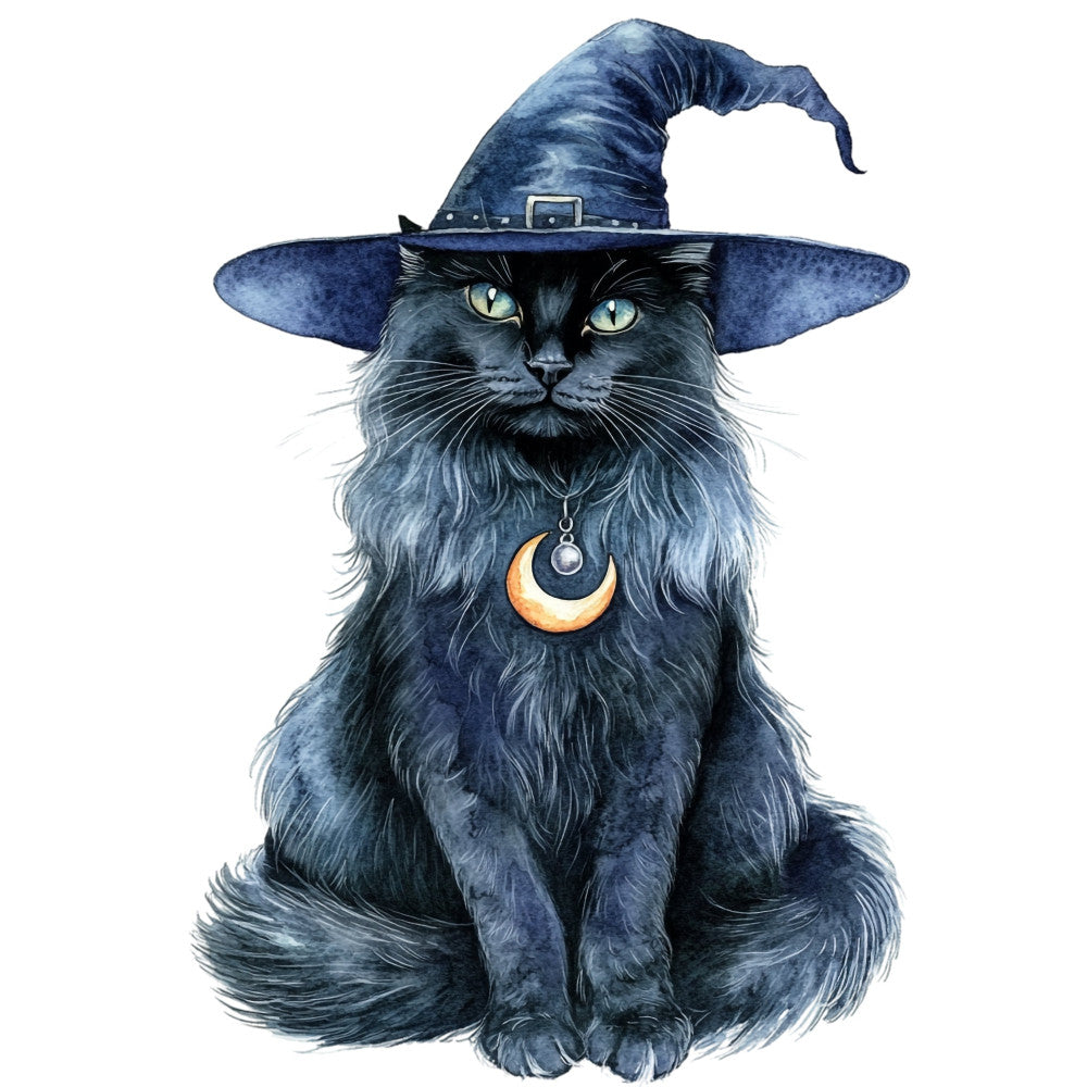 navy blue, black cat, wizard hat, mystical, celestial, moon pendant, witchy, magical, enchanted, whimsical, fantasy, occult, starry, crescent moon, cat lover, halloween, gothic, dark blue, long-haired cat, feline, spell, spooky, autumn, mysticism, elegant, bohemian, animal portrait, magical theme, feline familiar