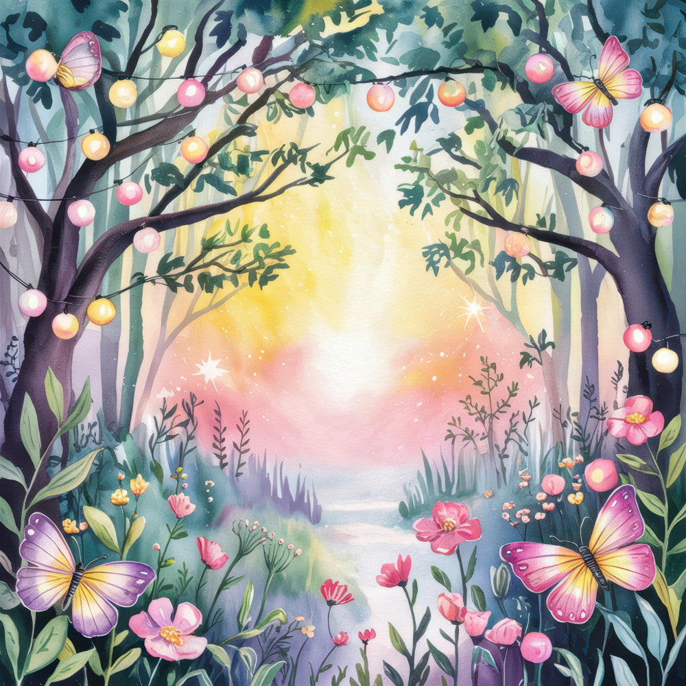 woodland scene, fabric panel, butterflies, pink flowers, string lights, enchanted forest, whimsical art, pastel colors, yellow glow, purple butterflies, floral motifs, nature design, magical atmosphere, quilting cotton, tree branches, garden path, soft pastels, fairy tale scene, botanical print, dreamy landscape