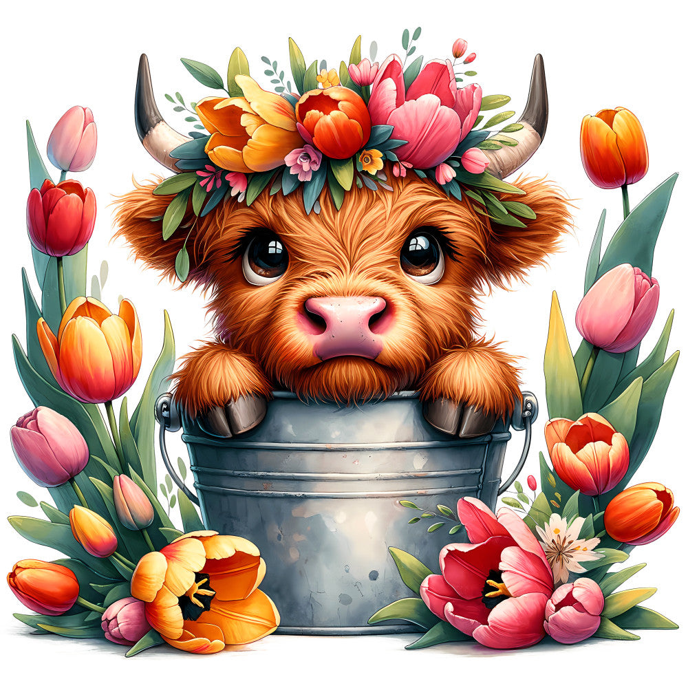 Cute Highland Cows in Buckets Fabric Panel 5 showing an adorable highland calf in a bucket with a floral crown surrounded by tulips.