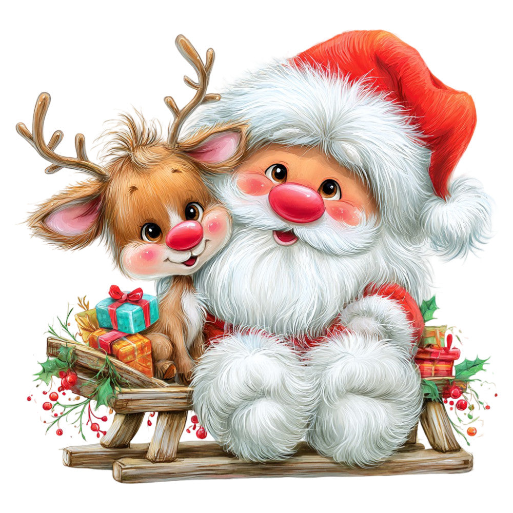 santa claus, reindeer, christmas, holiday, festive, red hat, white beard, cute characters, whimsical, traditional, seasonal, gift boxes, presents, holly berries, rustic, charming, nostalgic, red, white, brown, gold, green, children's fabric, decorative panel, vintage christmas, jolly, cheerful, animals, winter theme