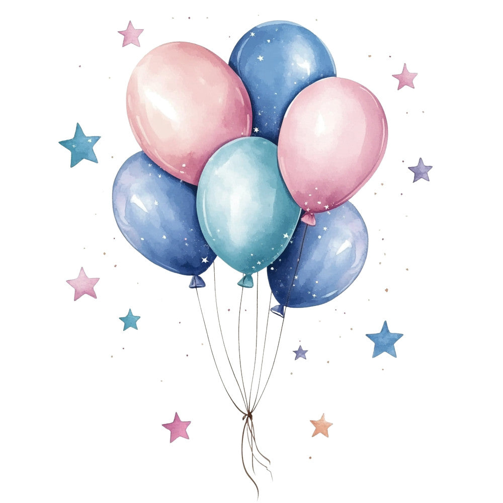 balloon, pink, blue, teal, purple, pastel colors, stars, celestial, whimsical, dreamy, baby, nursery, children, sky, floating, night sky, magical, sweet, gentle, soft colors, baby shower, gender neutral, cute, playful, modern, illustration style, decorative motif, dusty rose, navy blue, soft blue