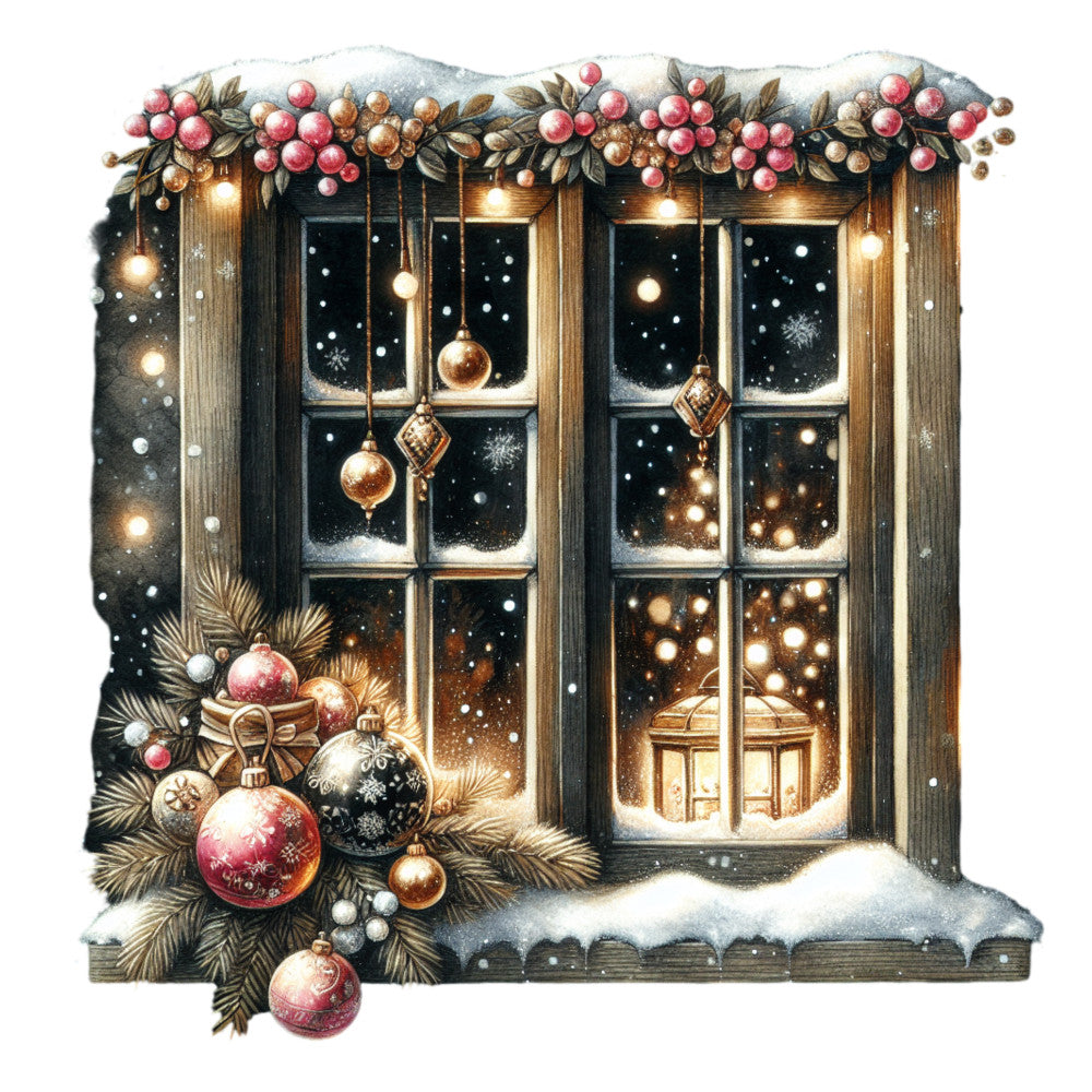 vintage christmas, window scene, holiday decorations, winter landscape, snow falling, red ornaments, gold baubles, evergreen garland, cranberries, warm lighting, cozy atmosphere, fabric panel, quilting cotton, festive design, christmas bulbs, wooden window frame, snowy night, holiday lights, rustic charm, seasonal fabric