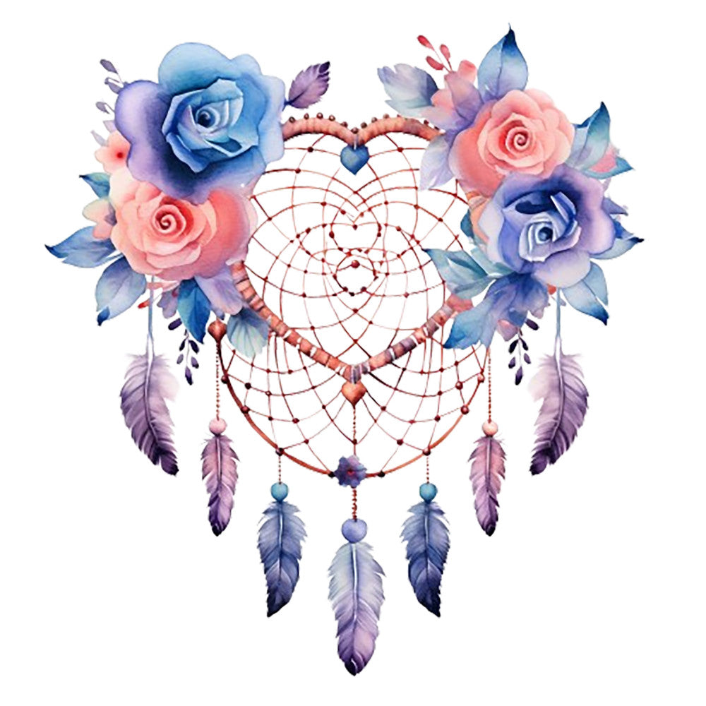 Watercolor Dream Catcher Fabric Panel 7 features a heart-shaped dreamcatcher adorned with pastel pink and blue roses and soft feathers.