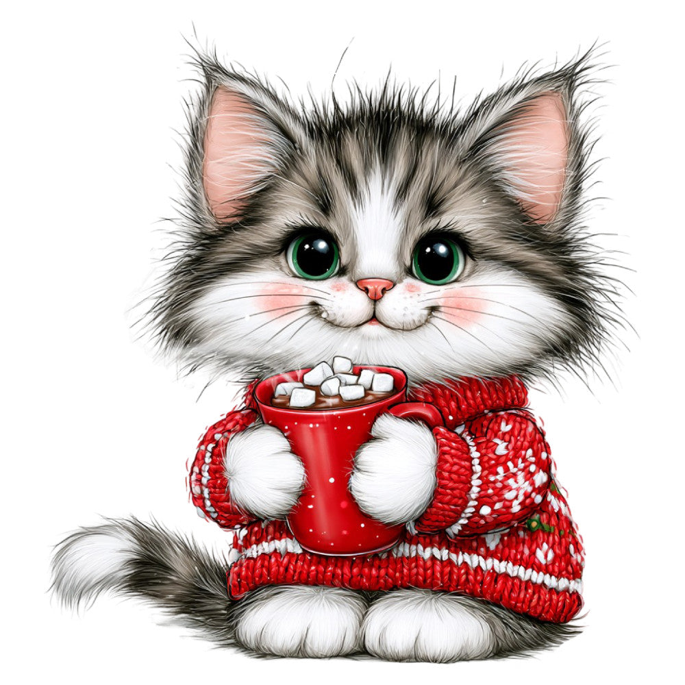 cute cat, fluffy cat, tabby cat, green eyes, holiday, christmas, cozy, whimsical, festive, red sweater, hot chocolate, marshmallows, winter, seasonal, animal, pet, striped, gray and white, soft, warm, charming, children's, playful, gift fabric, decorative panel, novelty print, sweet, adorable